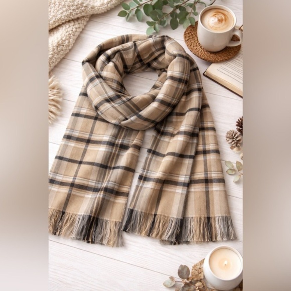 Mud Pie Womens Tan Black White Plaid Fringe Blanket Scarf One Size OS